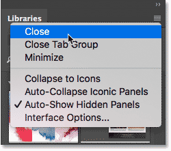 Closing the Libraries panel in Photoshop.