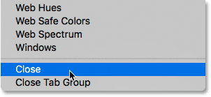 Selecting the Close command from the Color panel menu. 