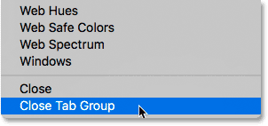 Selecting the Close Tab Group command in Photoshop CS6. 