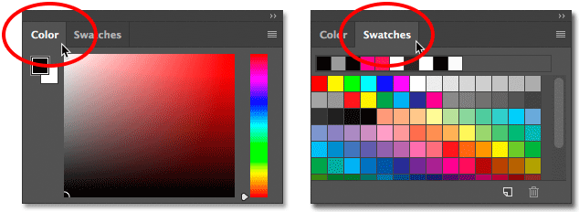 Switching between the Color panel and Swatches panel in Photoshop CC.