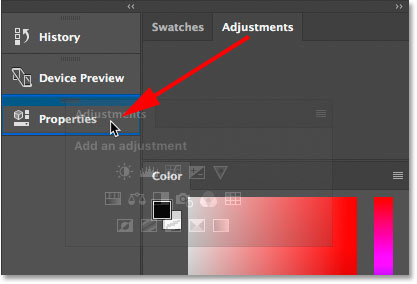 Moving the Adjustments panel into the second column with the Properties panel.