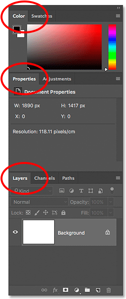 The Color, Properties and Layers panels in Photoshop C. 