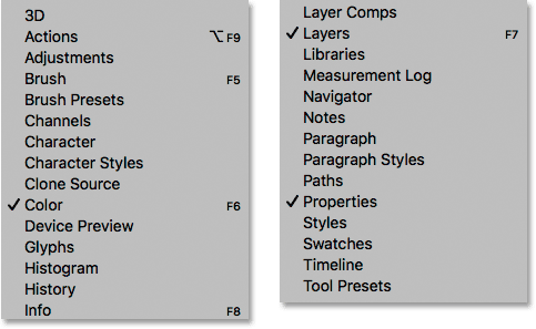 Each of Photoshop's panels can be opened and closed from the Window menu.