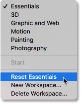 Choosing the Reset Essentials option in Photoshop CC.