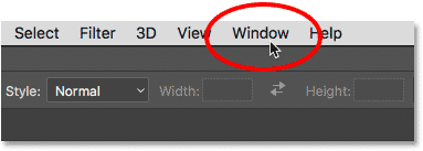 Opening the Window menu in the Photoshop CC Menu Bar.