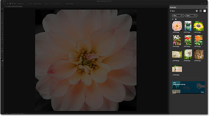 The Recent Files panel appears in place of Photoshop's other panels. Image © 2016 Steve Patterson, Photoshop Essentials.com