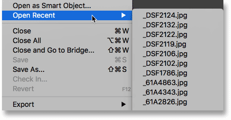 The Open Recent command displays our recent files by name only. Image © 2016 Steve Patterson, Photoshop Essentials.com