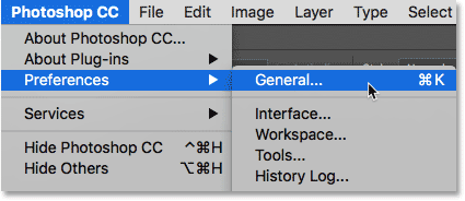 Opening the General Preferences in Photoshop. Image © 2016 Steve Patterson, Photoshop Essentials.com