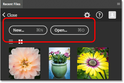 The Recent Files panel includes the same New and Open buttons from the Start screen. Image © 2016 Steve Patterson, Photoshop Essentials.com