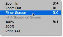 Selecting the Fit on Screen view mode in Photoshop.