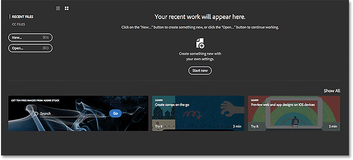 The Start screen in Photoshop CC 2017. Image © 2016 Steve Patterson, Photoshop Essentials.com