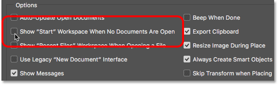 The Show START Workspace When No Documents Are Open. Image © 2016 Steve Patterson, Photoshop Essentials.com