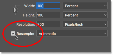 تحديد خيار Resample في شاشة Image Size في Photoshop