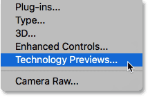 فتح تفضيلات Technology Previews في Photoshop CC 2018