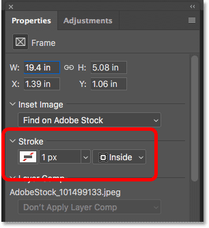 The Stroke option for the Frame Tool in the Properties panel in Photoshop CC 2019