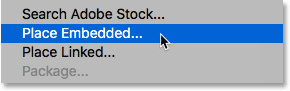 Choosing the Place Embedded command from the File menu in Photoshop