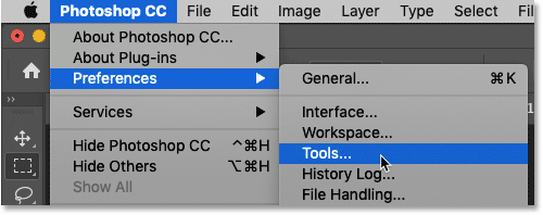 Opening the Tool Preferences in Photoshop