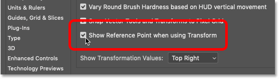 Selecting the 'Show Reference Point when using Transform' option in Photoshop CC 2019