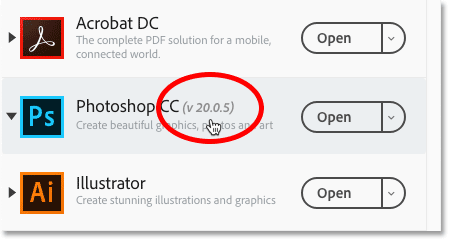 Checking Photoshop CC's version number in the Adobe Creative Cloud app