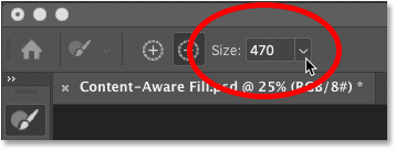 The Brush Size option for the Sampling Brush Tool in Photoshop's Content-Aware Fill workspace