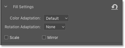 The Fill Settings options (Color Adaptation, Rotation Adaptation, Scale and Mirror) in the Content-Aware Fill panel