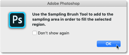 The Custom sampling area warning in the Content-Aware Fill workspace in Photoshop