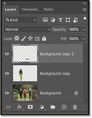 Photoshop's Layers panel showing the Content-Aware Fills on separate layers