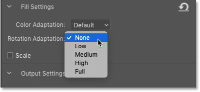 The Rotation Adaptation settings in the Content-Aware Fill panel in Photoshop