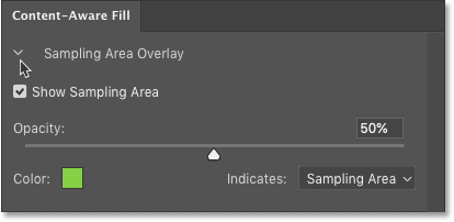 The Sampling Area Overlay options in the Content-Aware Fill panel in Photoshop