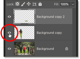 Turning off one of the Content-Aware Fill layers in Photoshop's Layers panel