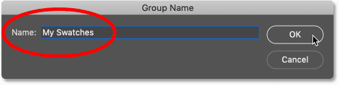 Naming the new swatch set in Photoshop CC 2020