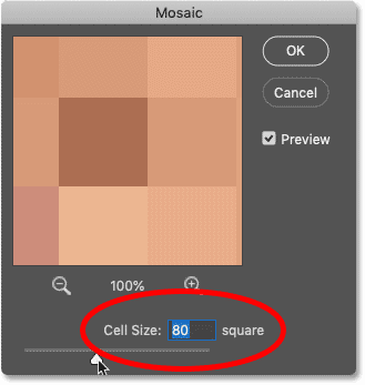 Adjusting the Cell Size value for the Mosaic filter in Photoshop