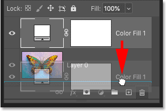 Dragging the Solid Color fill layer below the image in Photoshop's Layers panel