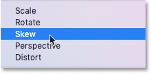 Selecting the Skew command from the Free Transform menu in Photoshop