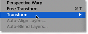 Where to find the Transform options in Photoshop