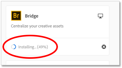 The progress indicator for the Adobe Bridge installation