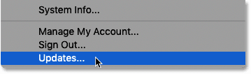 Choosing Updates from the Help menu in Photoshop