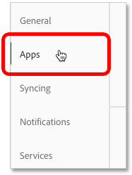 Opening the Apps category in the Creative Cloud app Preferences