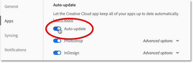 تشغيل خيار التحديث التلقائي في تفضيلات تطبيق Creative Cloud