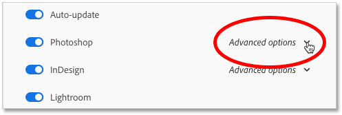 Opening the Advanced options for Photoshop in the Creative Cloud app Preferences