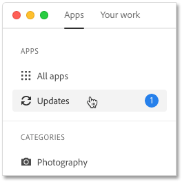 تحديد فئة التحديثات في تطبيق Adobe Creative Cloud لسطح المكتب