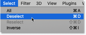 Choosing the Deselect command from the Select menu in Photoshop.