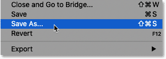 Choosing Save As from the File menu in Photoshop.