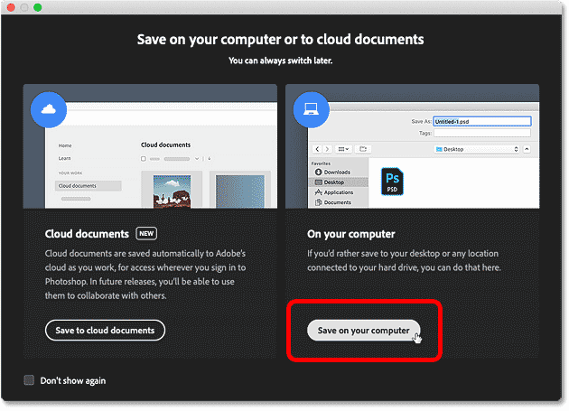 The Save on your computer or to cloud documents dialog box in Photoshop