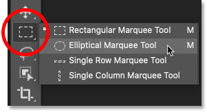 Selecting the Elliptical Marquee Tool in Photoshop's toolbar