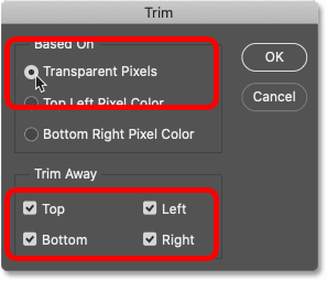 Selecting Transparent Pixels in Photoshop's Trim dialog box