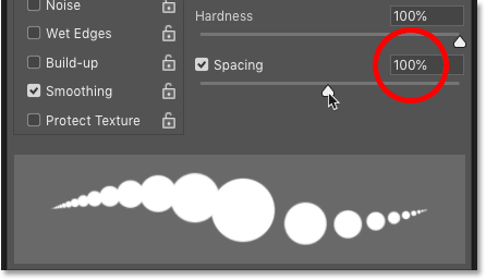 Increasing the Spacing value for the Brush Tool in Photoshop