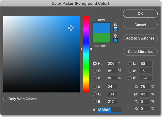 Choosing a new brush color from the Color Picker in Photoshop