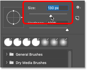 Changing the brush size from the Brush Preset Picker in Photoshop