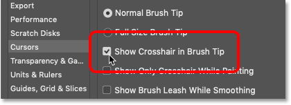 The Show Crosshair in Brush Tip option in Photoshop